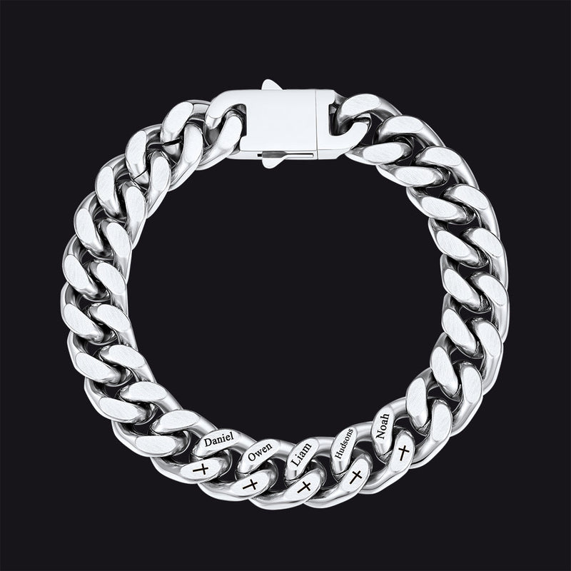Personalized Multi Names Cuban Chain Bracelet With Cross Gift for Him , 12mm Width