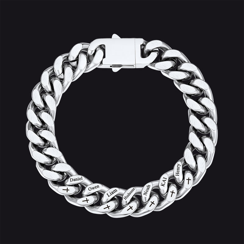 Personalized Multi Names Cuban Chain Bracelet With Cross Gift for Him , 12mm Width