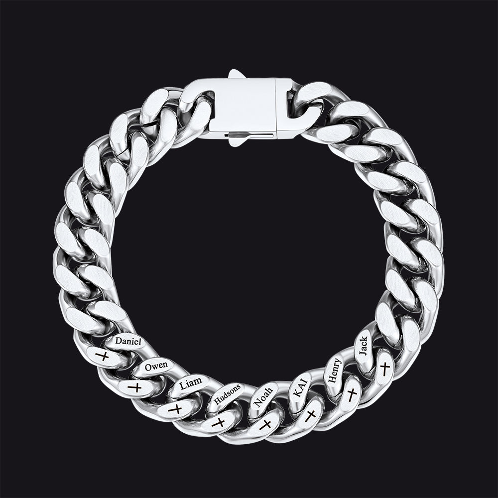 Personalized Multi Names Cuban Chain Bracelet With Cross Gift for Him , 12mm Width