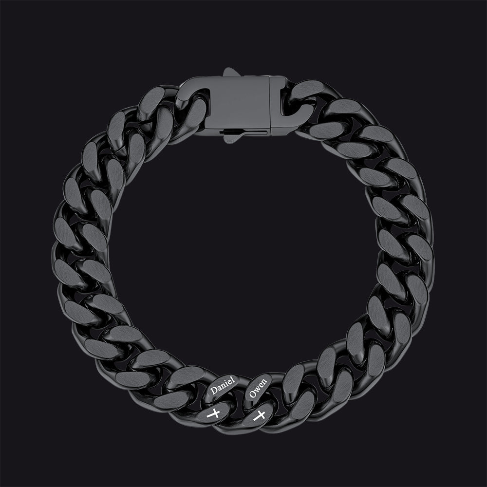 Personalized Multi Names Cuban Chain Bracelet With Cross Gift for Him , 12mm Width