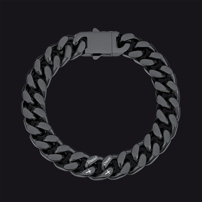 Personalized Multi Names Cuban Chain Bracelet With Cross Gift for Him , 12mm Width
