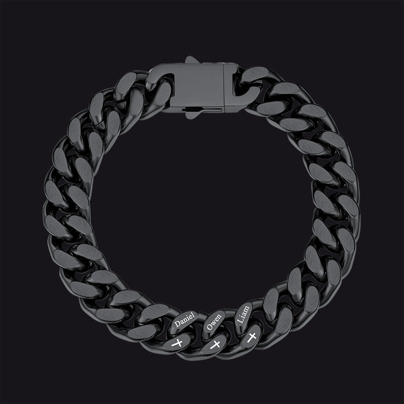Personalized Multi Names Cuban Chain Bracelet With Cross Gift for Him , 12mm Width
