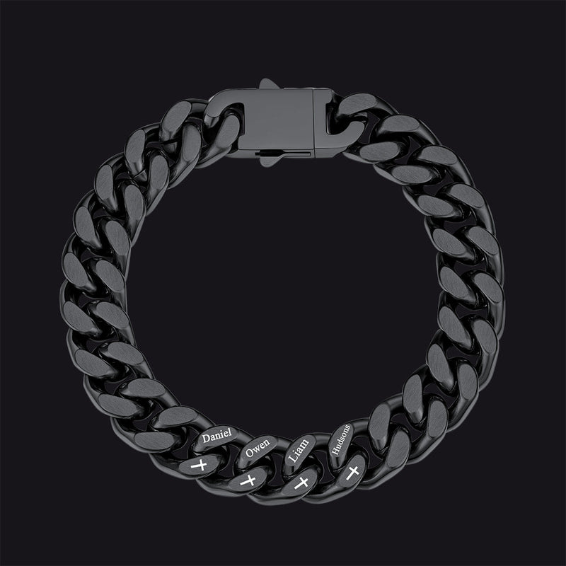 Personalized Multi Names Cuban Chain Bracelet With Cross Gift for Him , 12mm Width