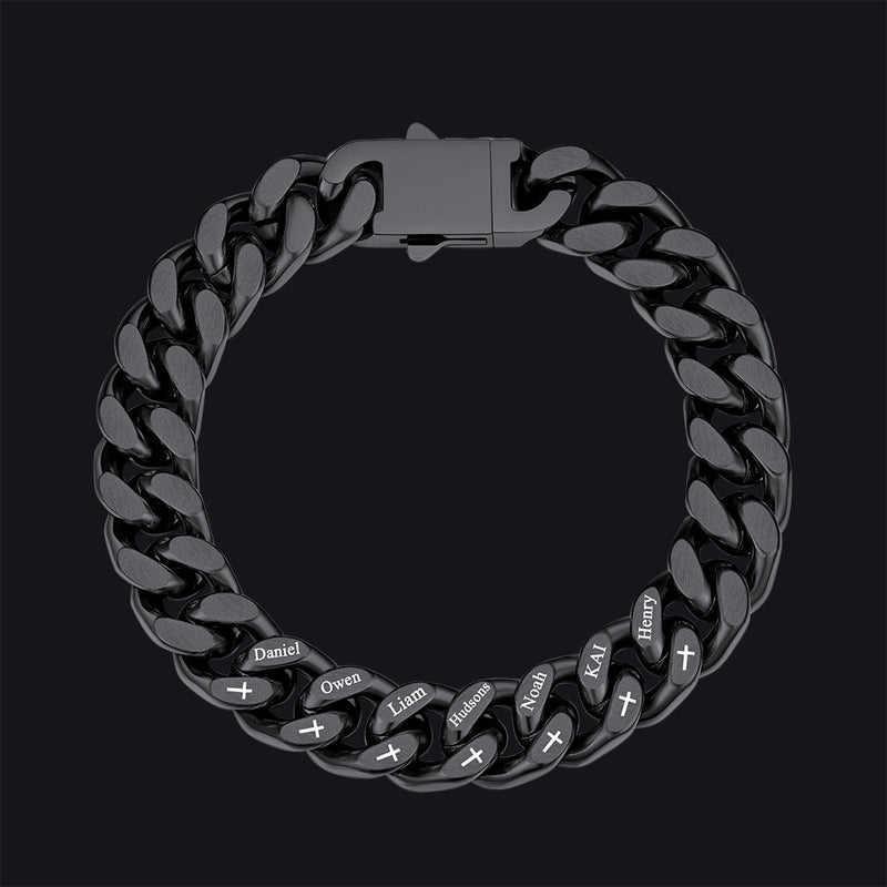 Personalized Multi Names Cuban Chain Bracelet With Cross Gift for Him , 12mm Width