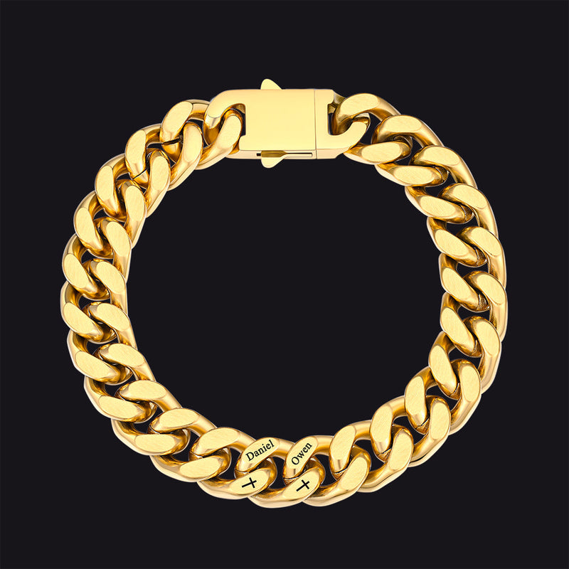 Personalized Multi Names Cuban Chain Bracelet With Cross Gift for Him , 12mm Width