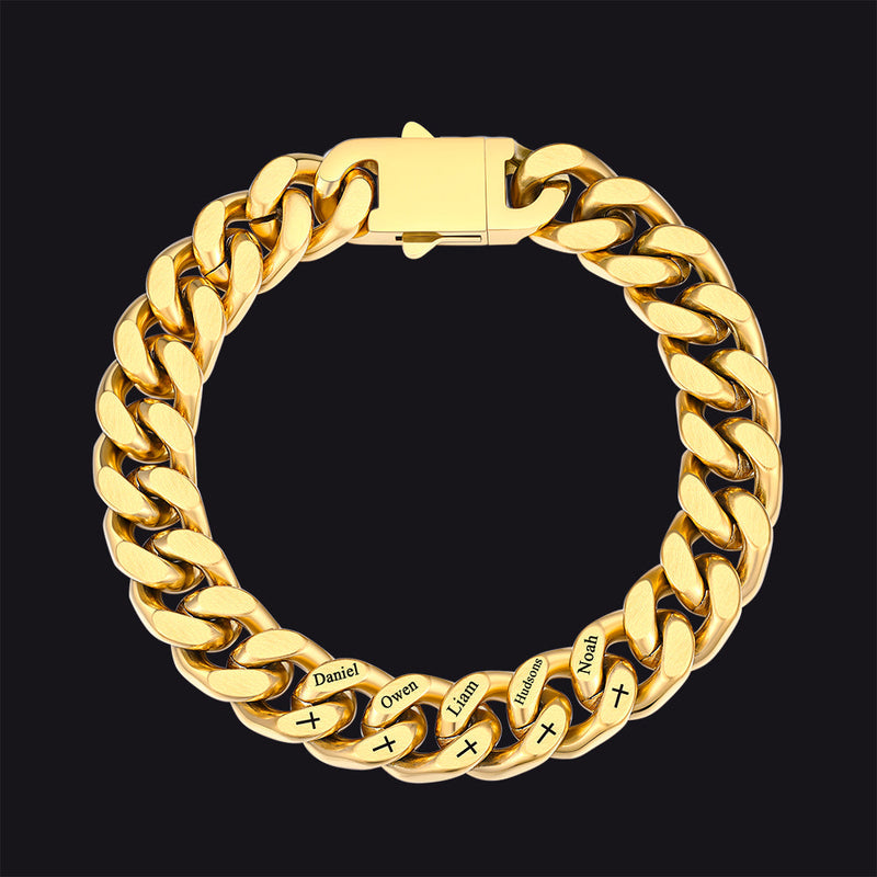 Personalized Multi Names Cuban Chain Bracelet With Cross Gift for Him , 12mm Width