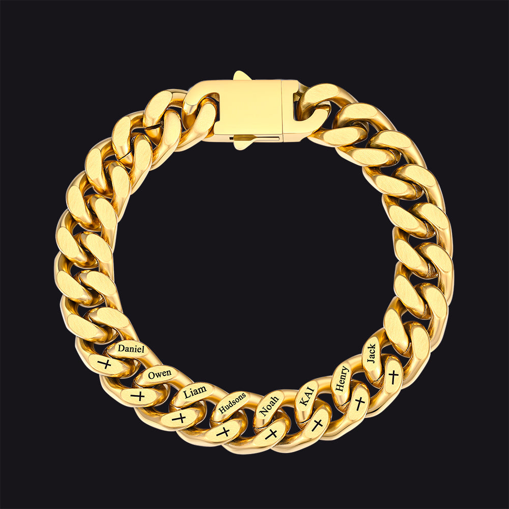 Personalized Multi Names Cuban Chain Bracelet With Cross Gift for Him , 12mm Width