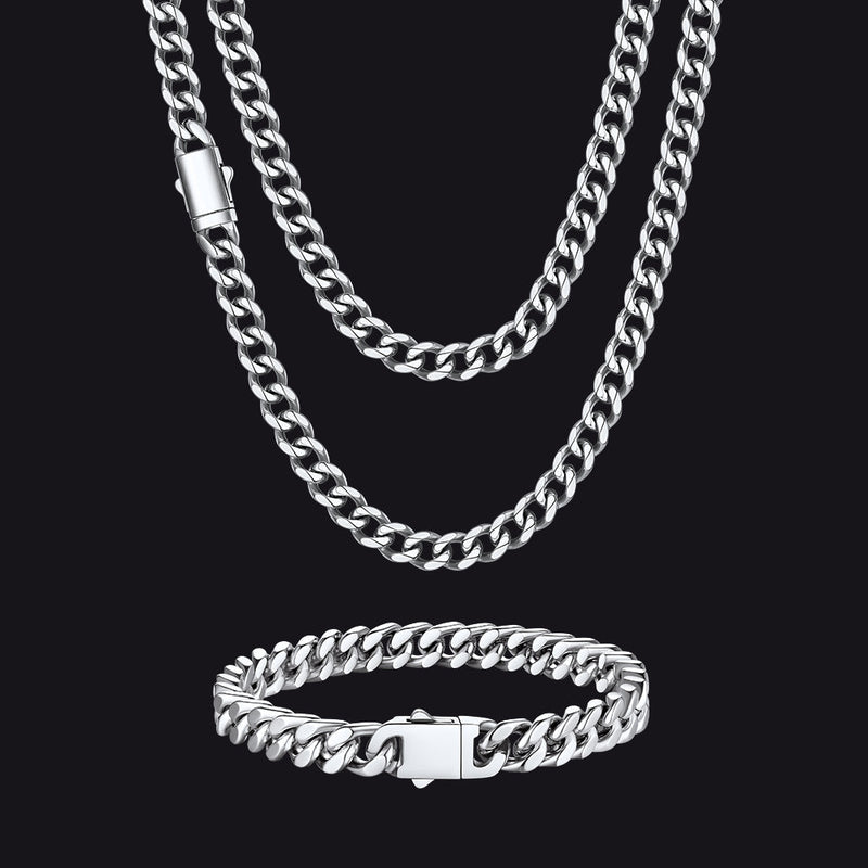 Engraved Cuban Chain & Bracelet Jewelry Set for , 7/9/12mm