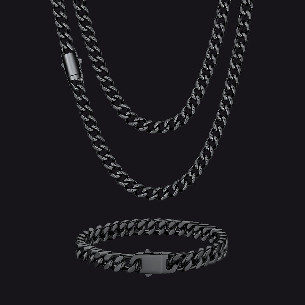 Engraved Cuban Chain & Bracelet Jewelry Set for , 7/9/12mm