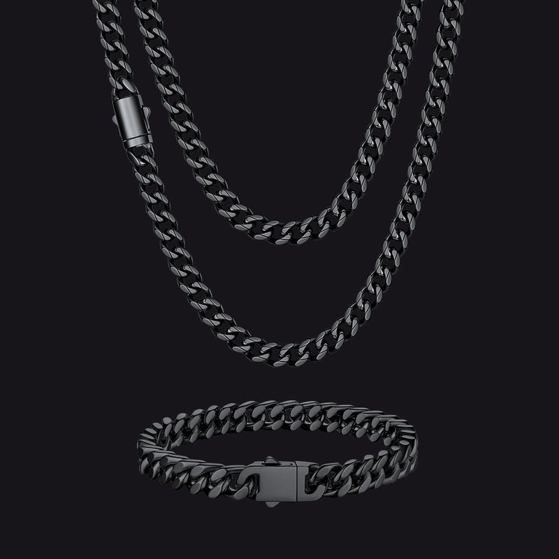 Engraved Cuban Chain & Bracelet Jewelry Set for , 7/9/12mm