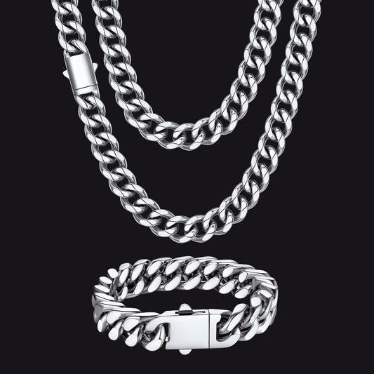 Engraved Cuban Chain & Bracelet Jewelry Set for , 7/9/12mm