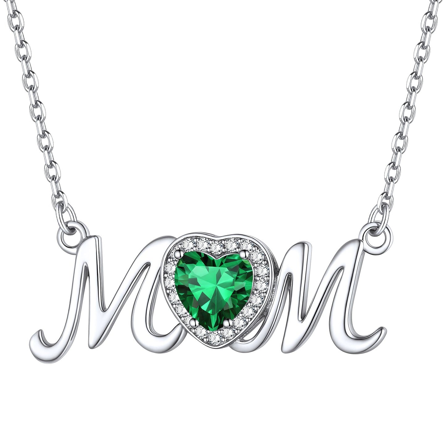Sterling Silver Heart Birthstone Mom Necklace for