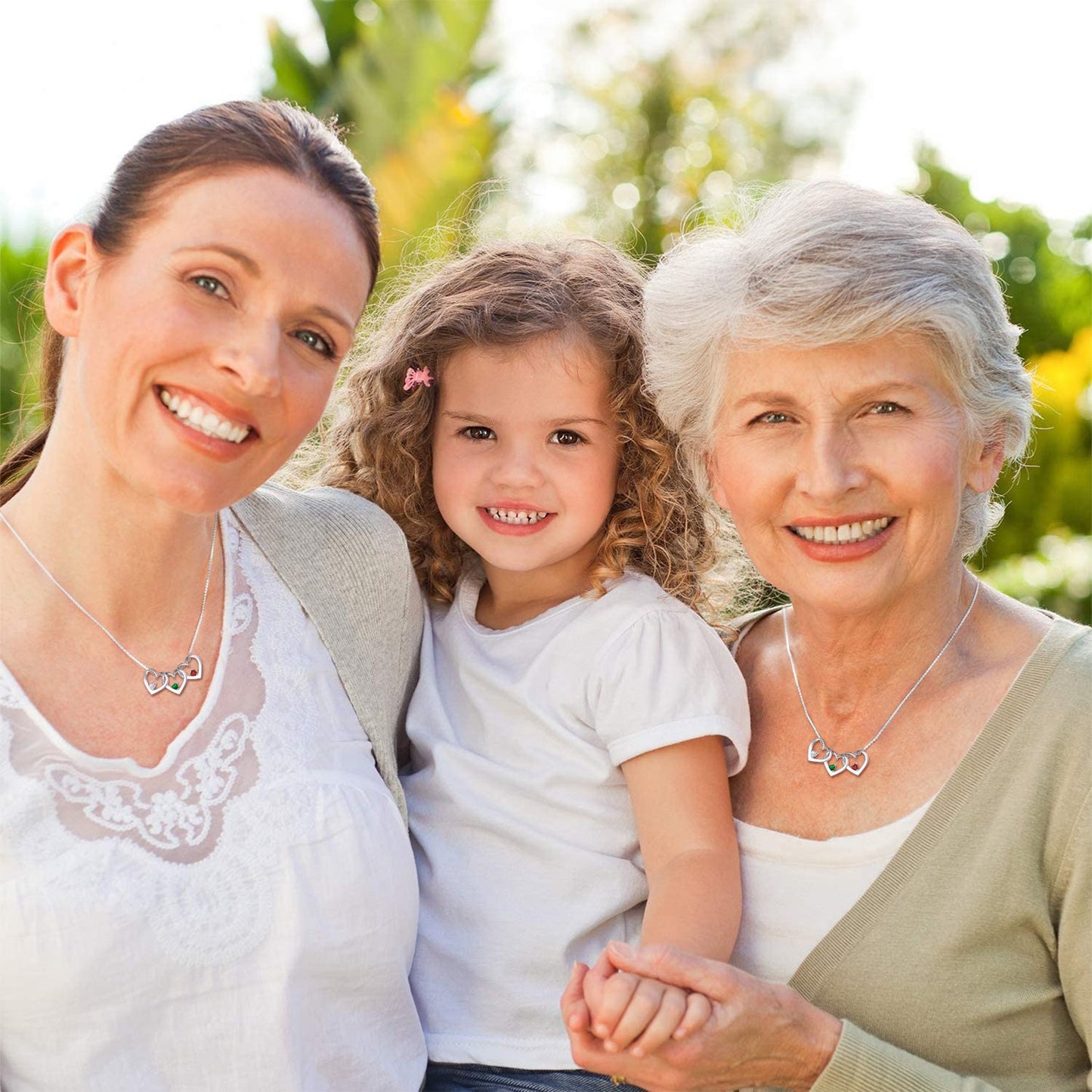 Sterling Silver Personalized 1-5 Hearts Birthstones Necklace for Family