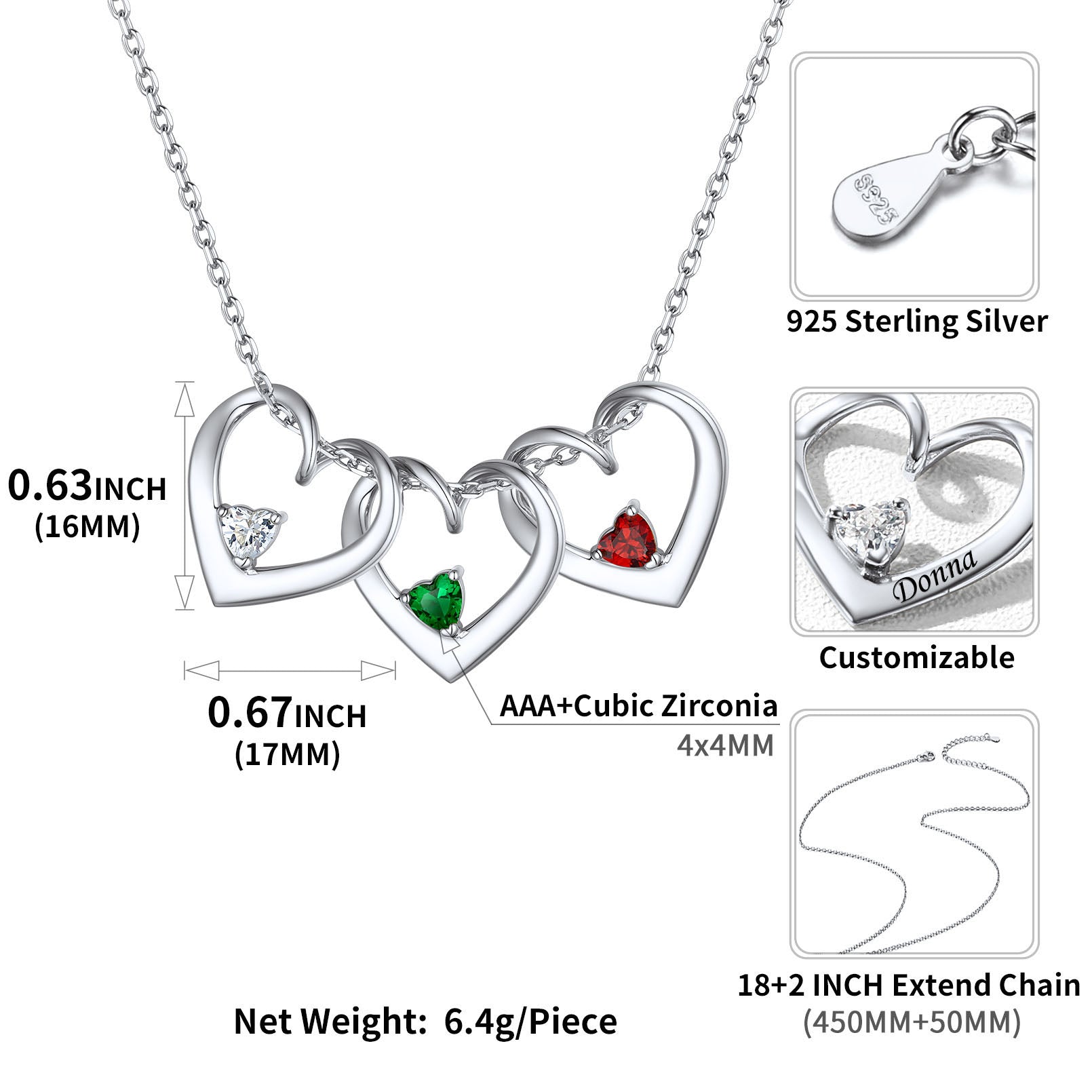 Sterling Silver Personalized 1-5 Hearts Birthstones Necklace for Family