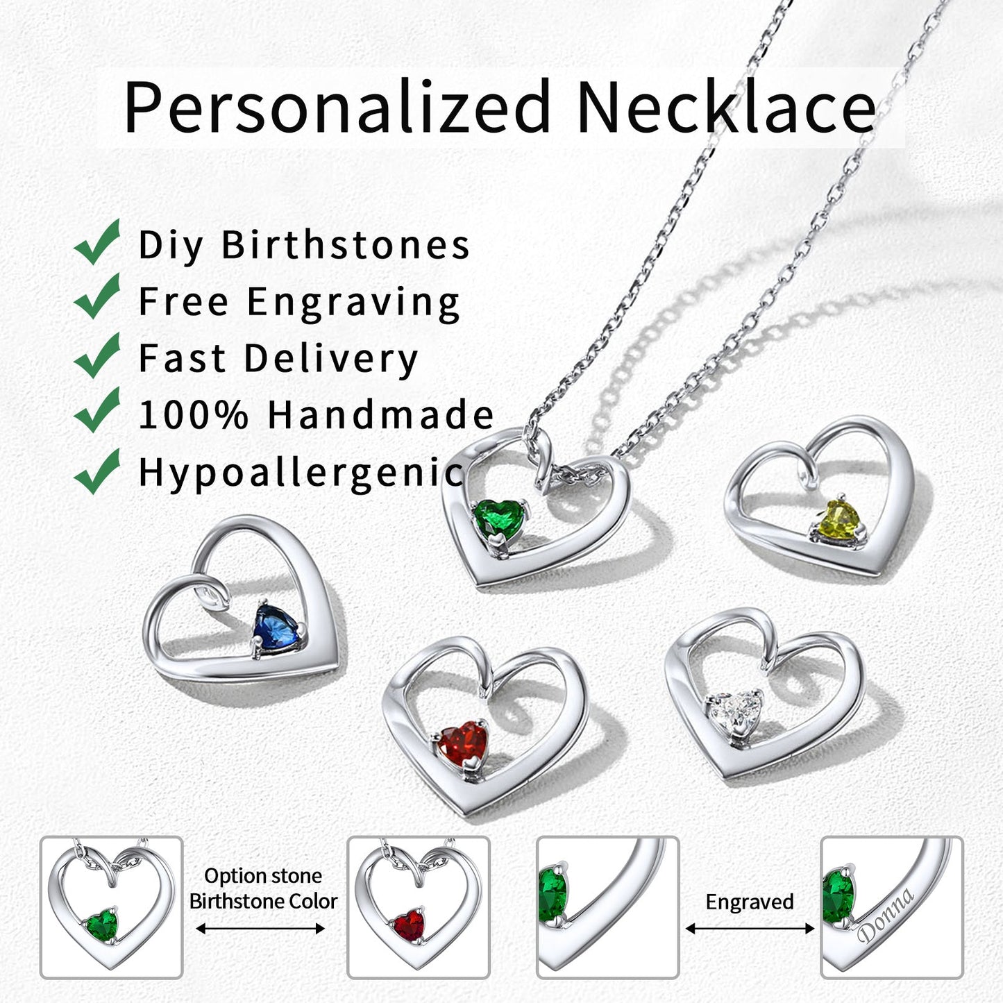 Sterling Silver Personalized 1-5 Hearts Birthstones Necklace for Family
