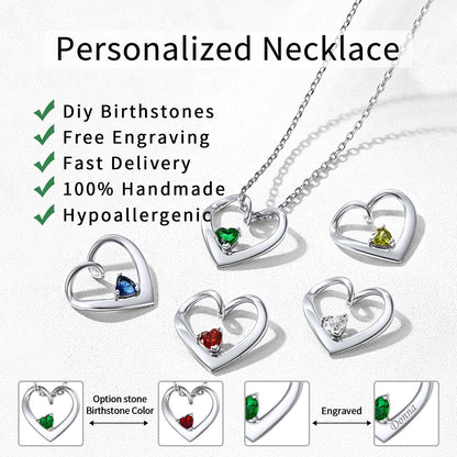 Sterling Silver Personalized 1-5 Hearts Birthstones Necklace for Family