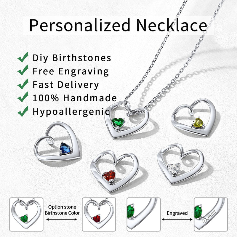 Sterling Silver Personalized 1-5 Hearts Birthstones Necklace for Family