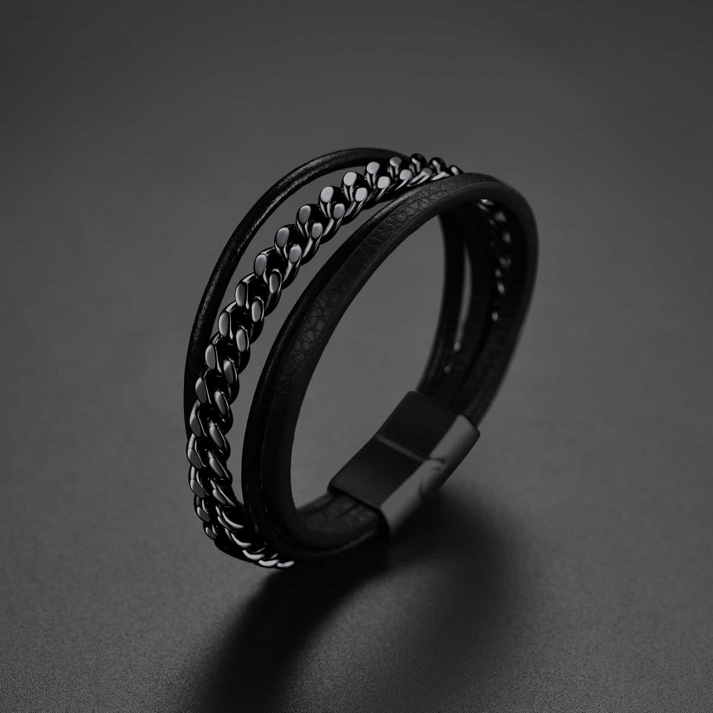Customized Black Braided Leather Bracelet Cuff With Chain for Son