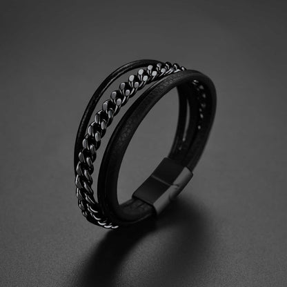 Customized Black Braided Leather Bracelet Cuff With Chain for Son