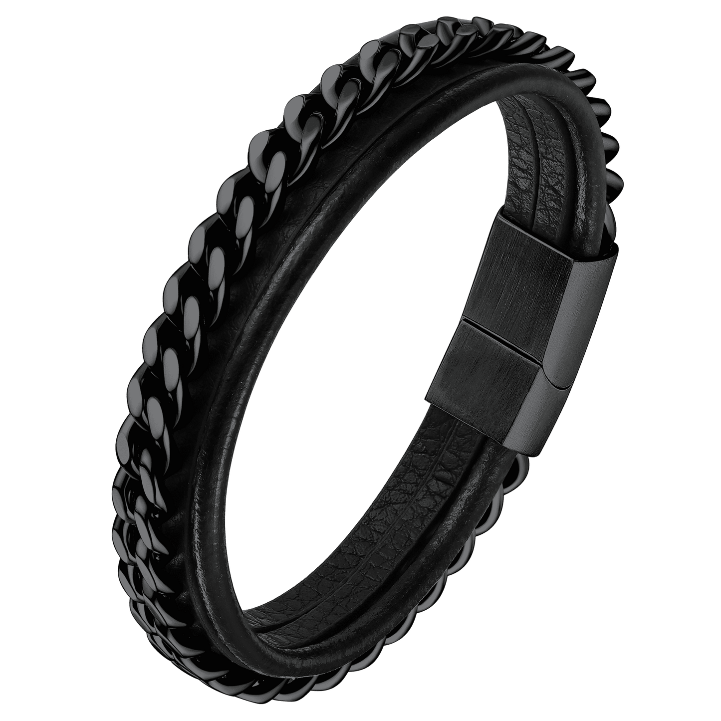 Customized Black Braided Leather Bracelet Cuff With Chain for Son