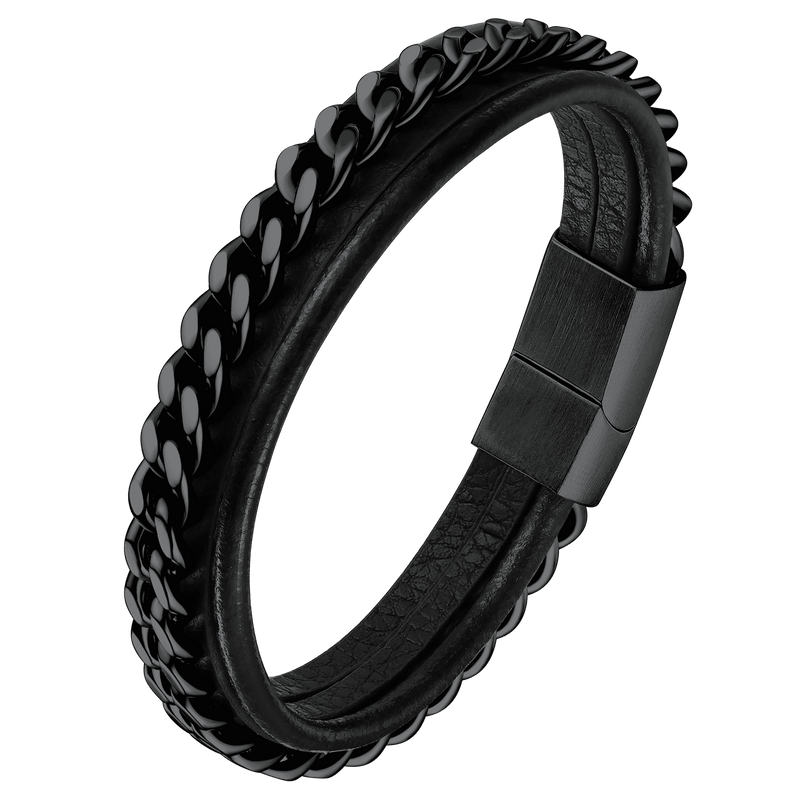 Customized Black Braided Leather Bracelet Cuff With Chain for Son