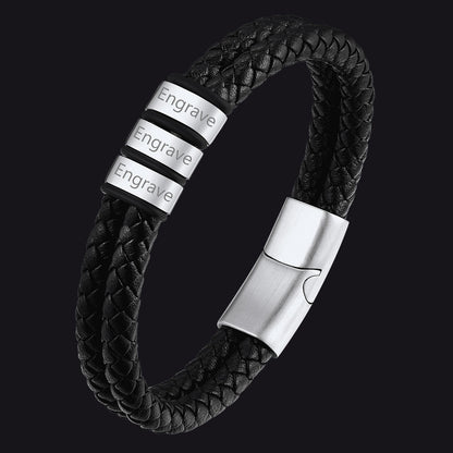 Personalized Braided Leather Bracelet With Engraved Name Beaded for
