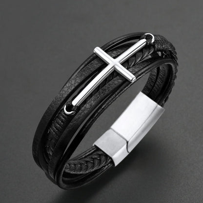Christian Cross Multi-layer Braided Leather Bracelet for