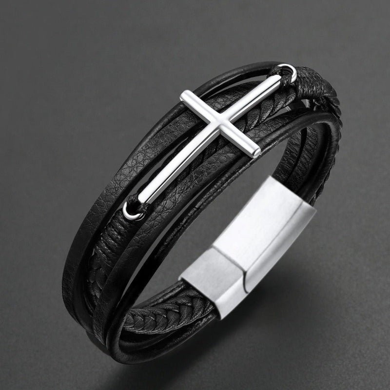 Christian Cross Multi-layer Braided Leather Bracelet for