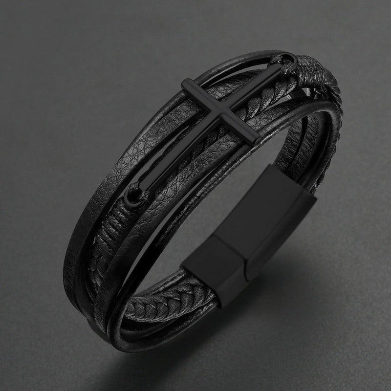 Christian Cross Multi-layer Braided Leather Bracelet for