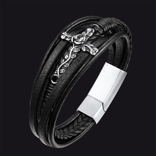 Christian Black Rose Cross Braided Leather Bracelet Gift for