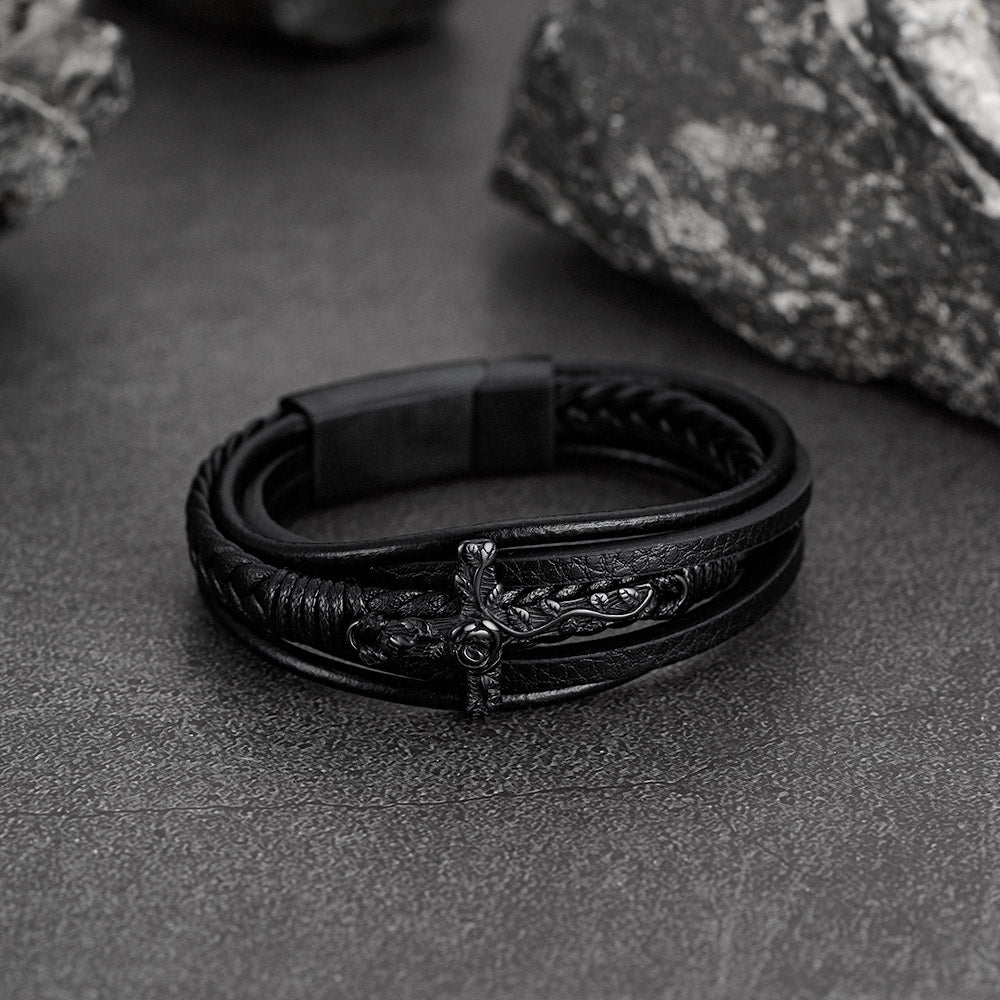 Christian Black Rose Cross Braided Leather Bracelet Gift for