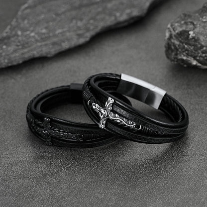 Christian Black Rose Cross Braided Leather Bracelet Gift for