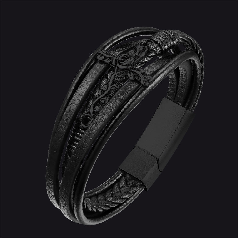 Christian Black Rose Cross Braided Leather Bracelet Gift for