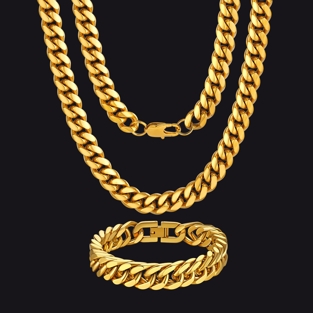 10mm Chunky Heavy Cuban Link Chain & Bracelet Set for
