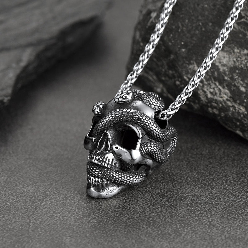 Gothic Snake Skull Pendant Necklace for