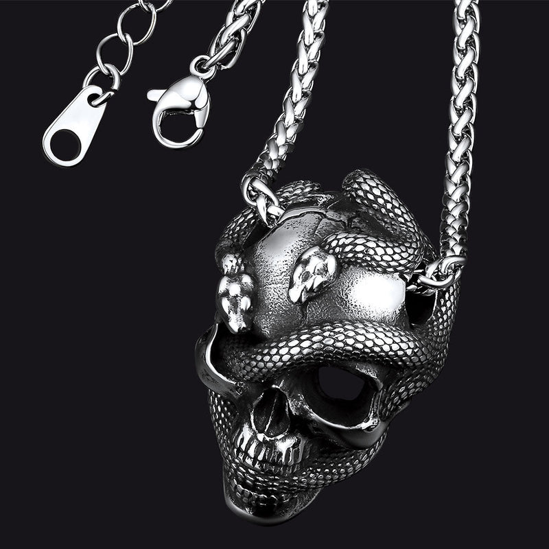Gothic Snake Skull Pendant Necklace for