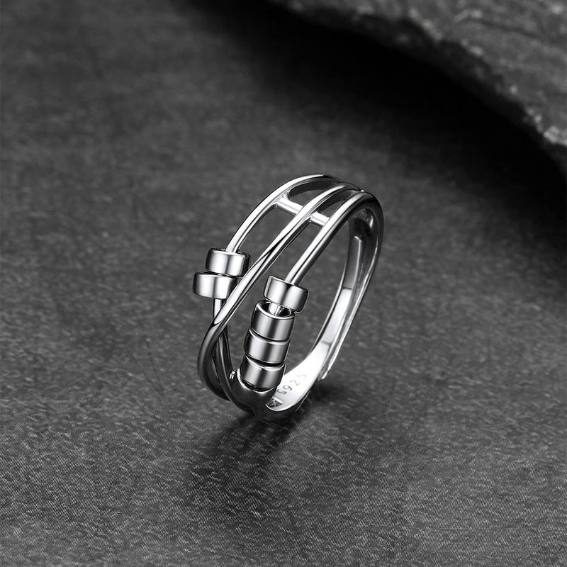 925 Sterling Silver Bead Anxiety Adjustable Ring for