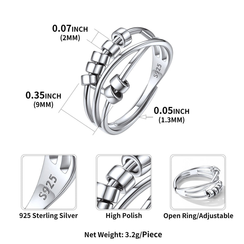925 Sterling Silver Bead Anxiety Adjustable Ring for