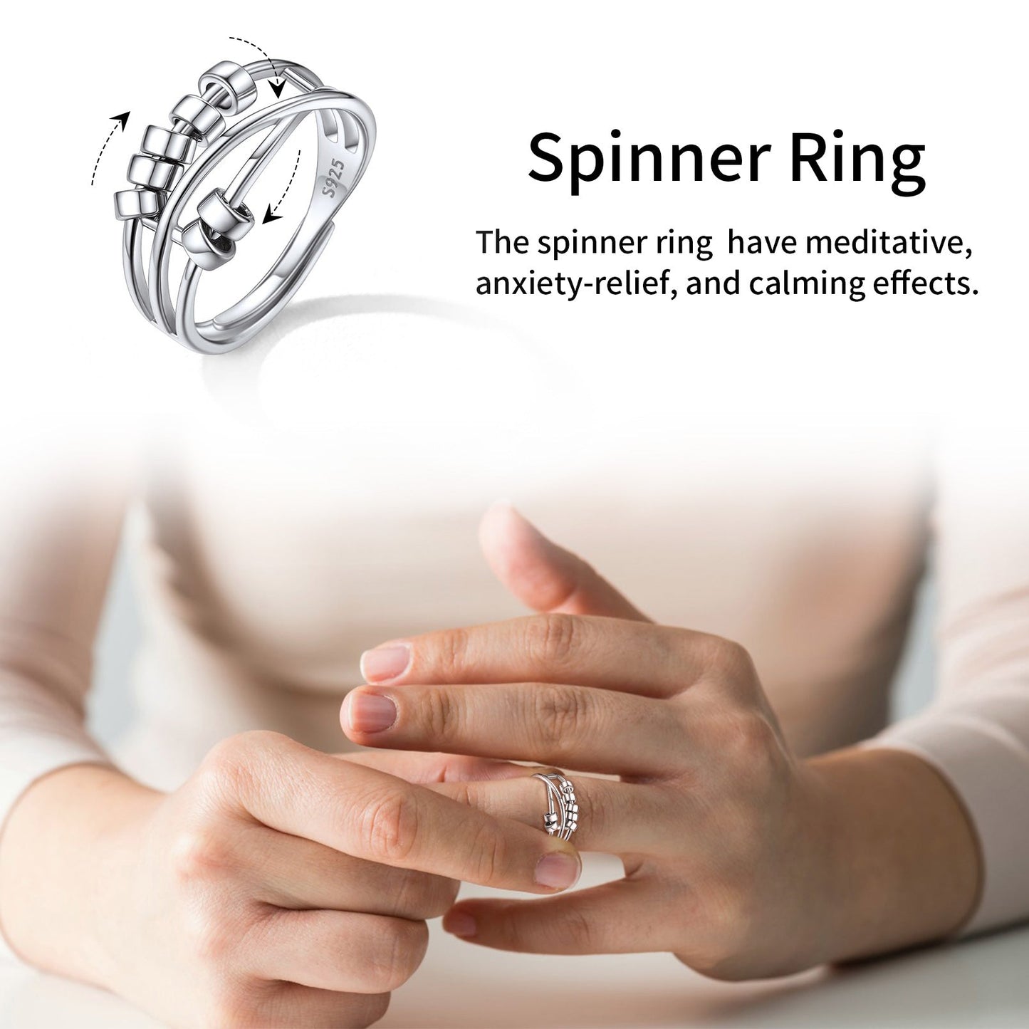 925 Sterling Silver Bead Anxiety Adjustable Ring for