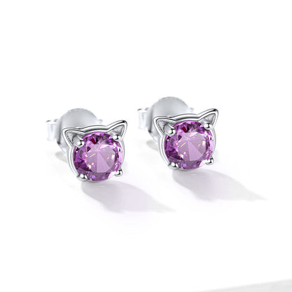 Silver Birthstone Cat Stud Earrings for Cat Lovers