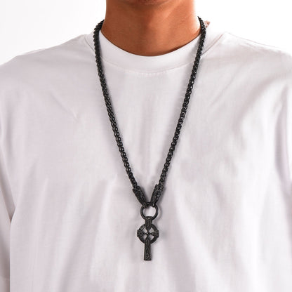 Celtic Knot Cross Necklace With Wolf Rope Chain for