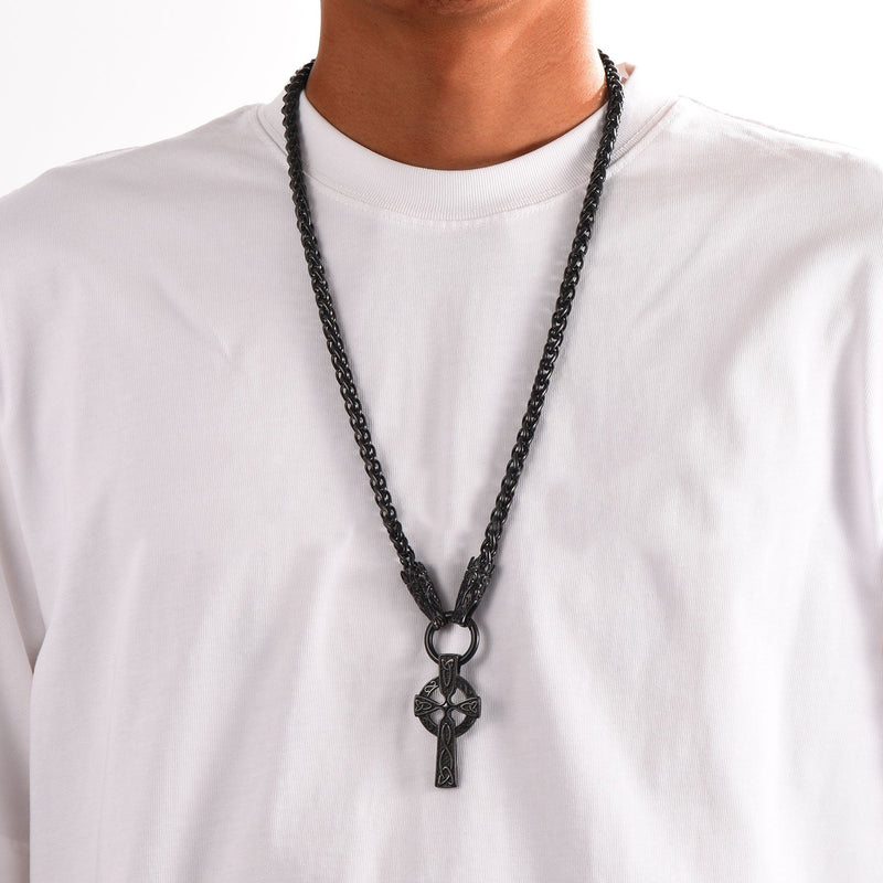 Celtic Knot Cross Necklace With Wolf Rope Chain for