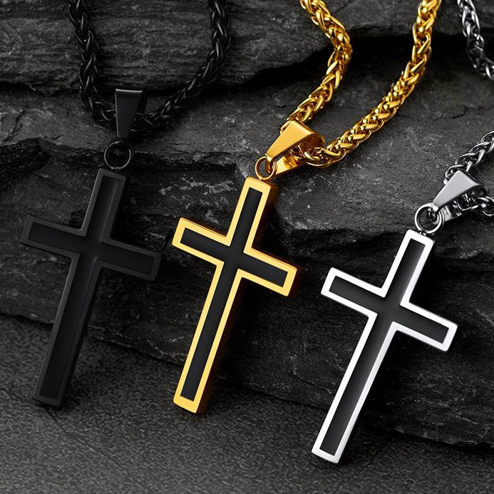 Flat Box Link Chain & Black Enamel Cross Layered Necklaces Set for