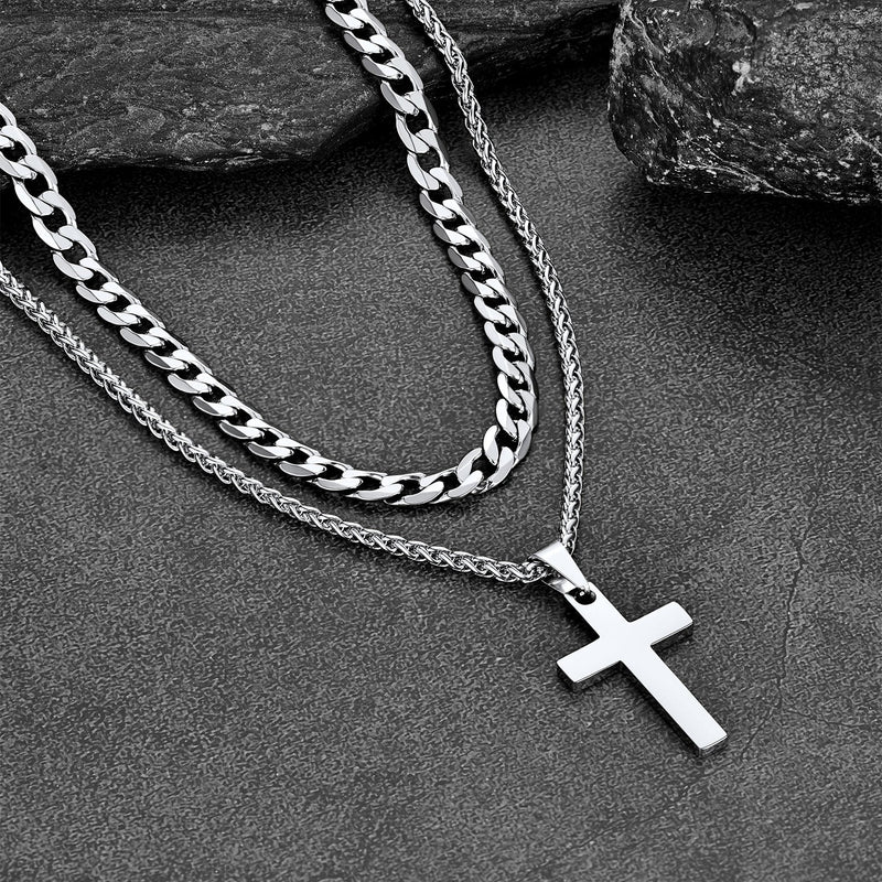 Cuban Chain & Cross Pendant Layered Necklaces Set for