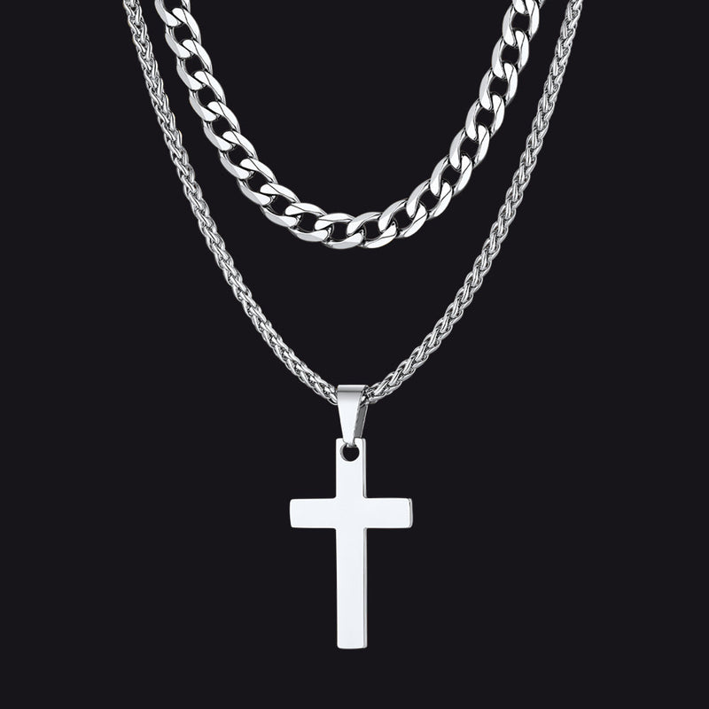 Cuban Chain & Cross Pendant Layered Necklaces Set for