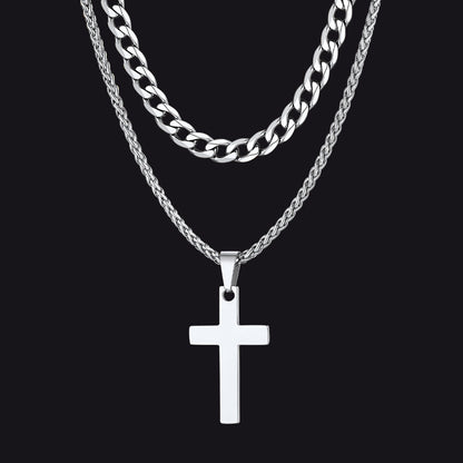 Gift for Cuban Chain & Cross Pendant Layered Necklace Set Birthday Gift