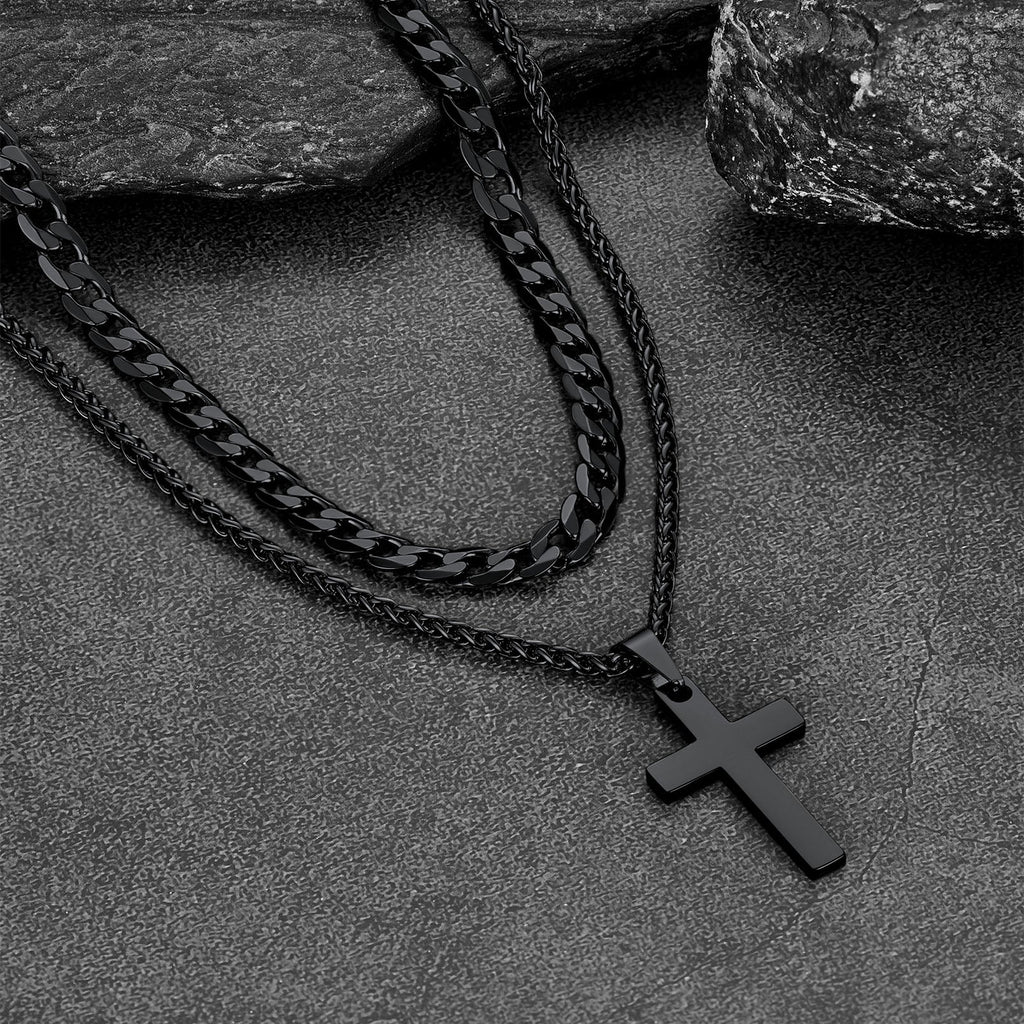 Cuban Chain & Cross Pendant Layered Necklaces Set for