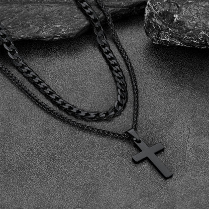 Gift for Cuban Chain & Cross Pendant Layered Necklace Set Birthday Gift