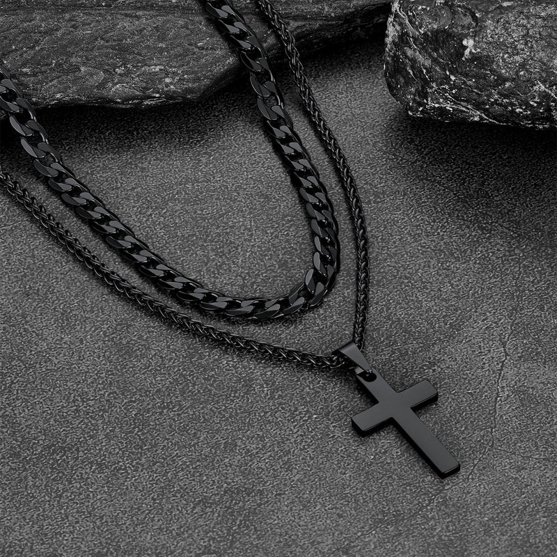 Gift for Cuban Chain & Cross Pendant Layered Necklace Set Birthday Gift