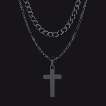 Cuban Chain & Cross Pendant Layered Necklaces Set for